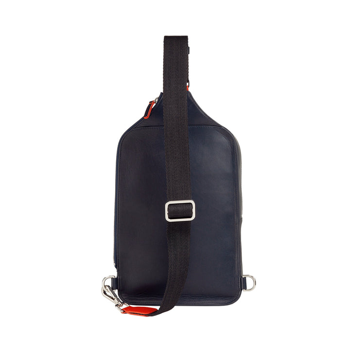 Navy blue leather crossbody sling bag with adjustable strap