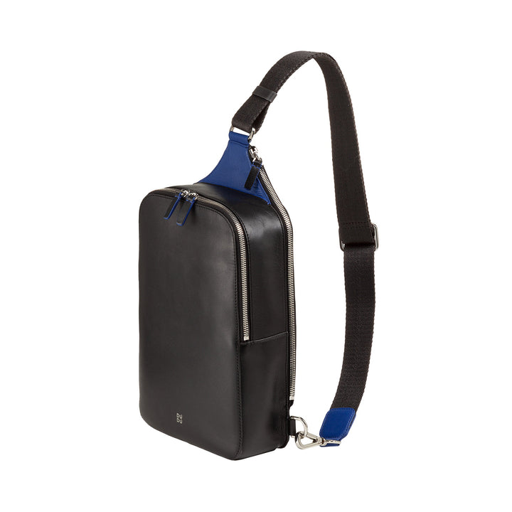 Black leather sling bag with adjustable strap and blue accents