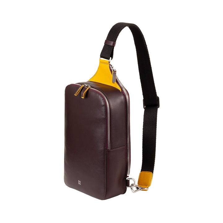 Brown leather crossbody bag with adjustable black and yellow shoulder strap