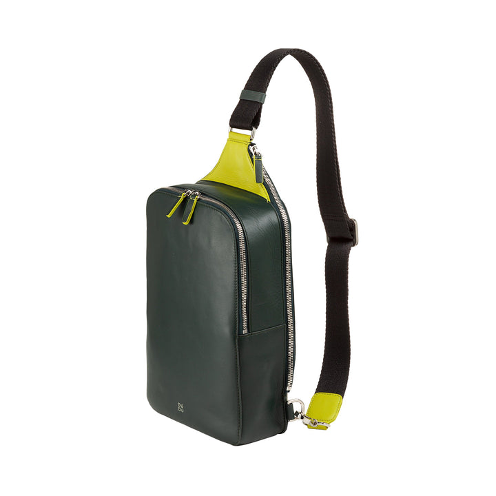 Green leather sling bag with yellow accents and adjustable shoulder strap
