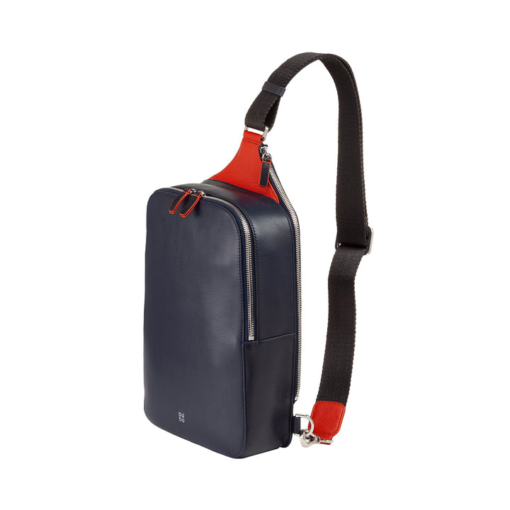 Navy blue leather crossbody bag with red accents and adjustable strap