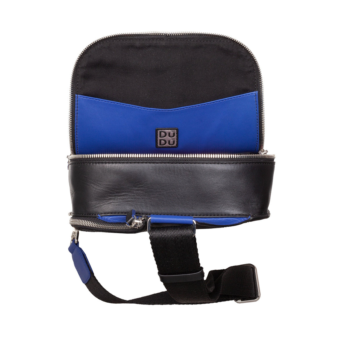 Open black and blue leather crossbody bag with visible compartments and strap