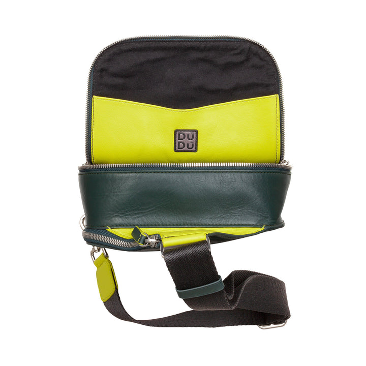 Two-toned green and yellow leather crossbody bag with black accents and adjustable strap