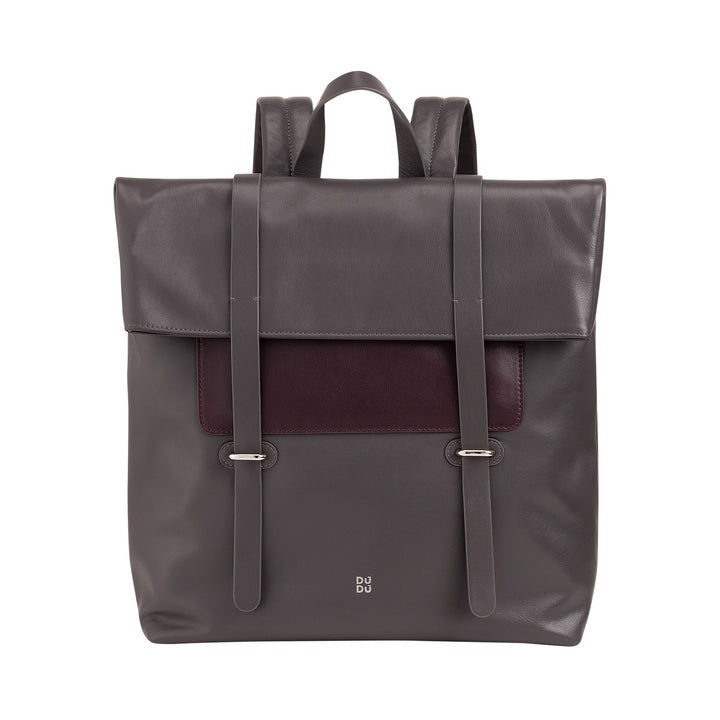 Modern gray leather backpack with brown accents and front flap closure