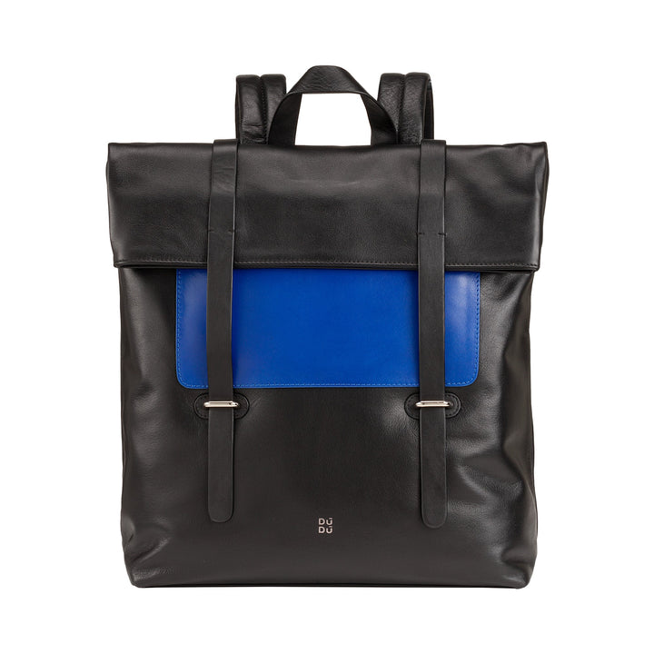 Black leather backpack with blue front pocket and adjustable straps