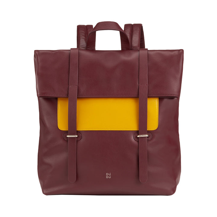 Brown leather backpack with yellow front pocket and buckle straps