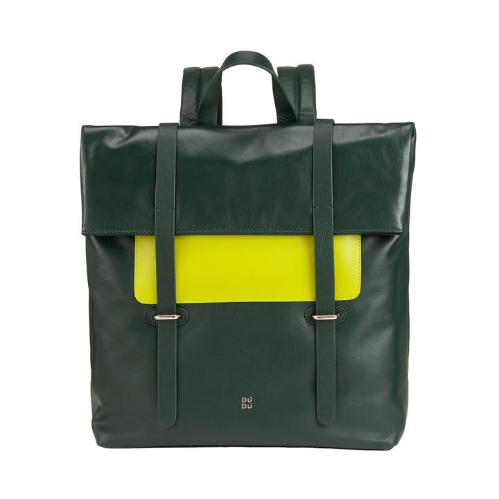 Green and yellow leather backpack with front buckle design and brand logo