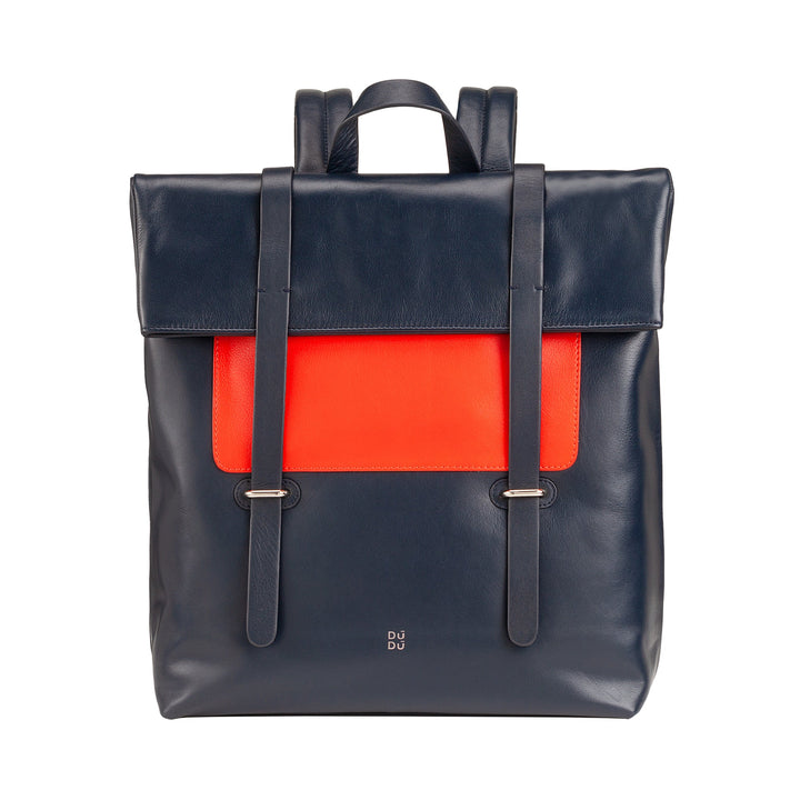 Modern navy and red leather backpack with buckle straps