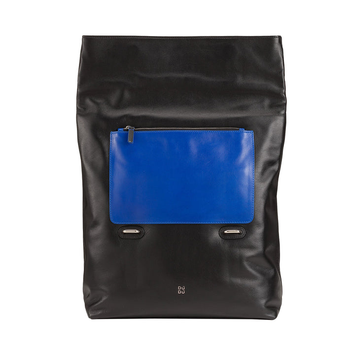 Black leather backpack with a blue front pocket