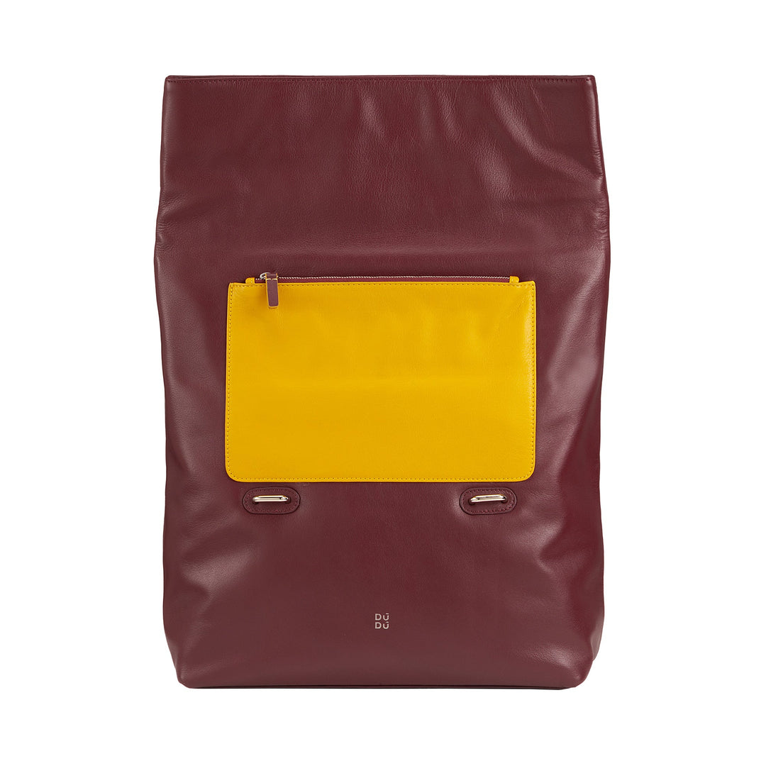 Maroon and yellow leather backpack with front pocket