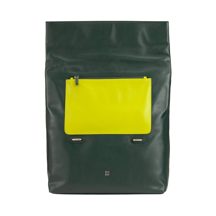 Green leather backpack with large yellow front pocket and zipper