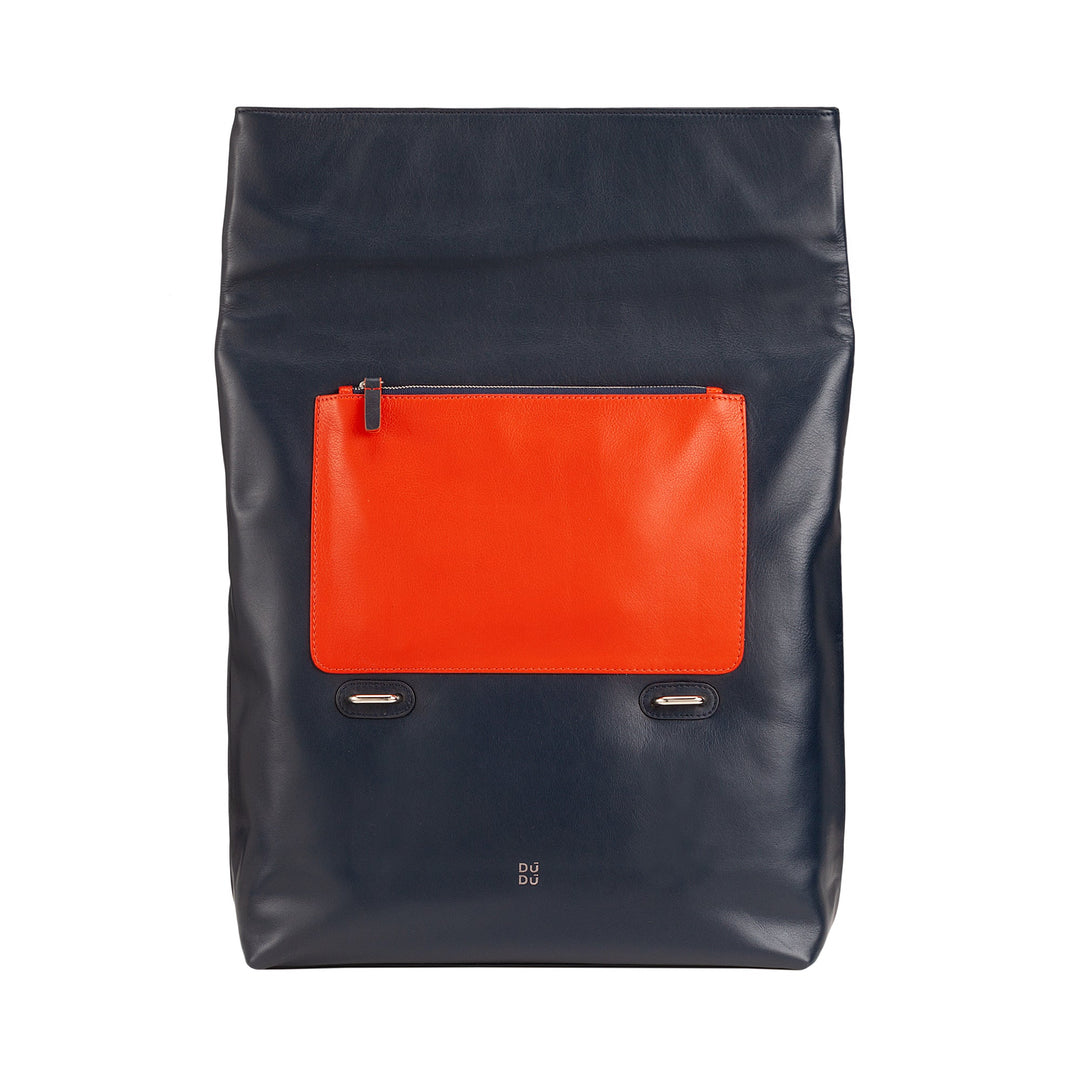 Navy blue leather backpack with large orange front pocket