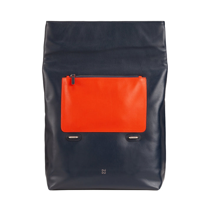 Navy blue leather backpack with large orange front pocket