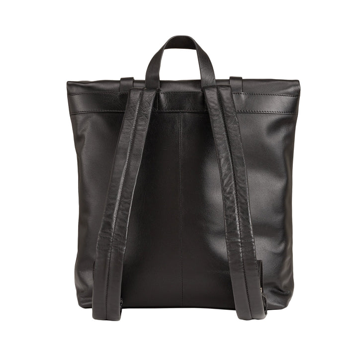 Black leather backpack with adjustable shoulder straps and a top handle