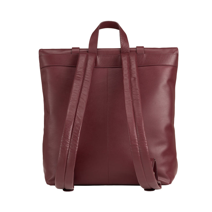 Back view of a stylish maroon leather backpack with adjustable straps