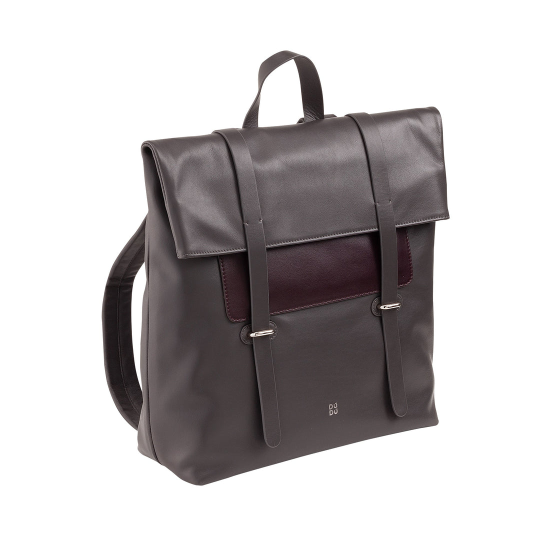 Stylish black leather backpack with flap closure and front pocket