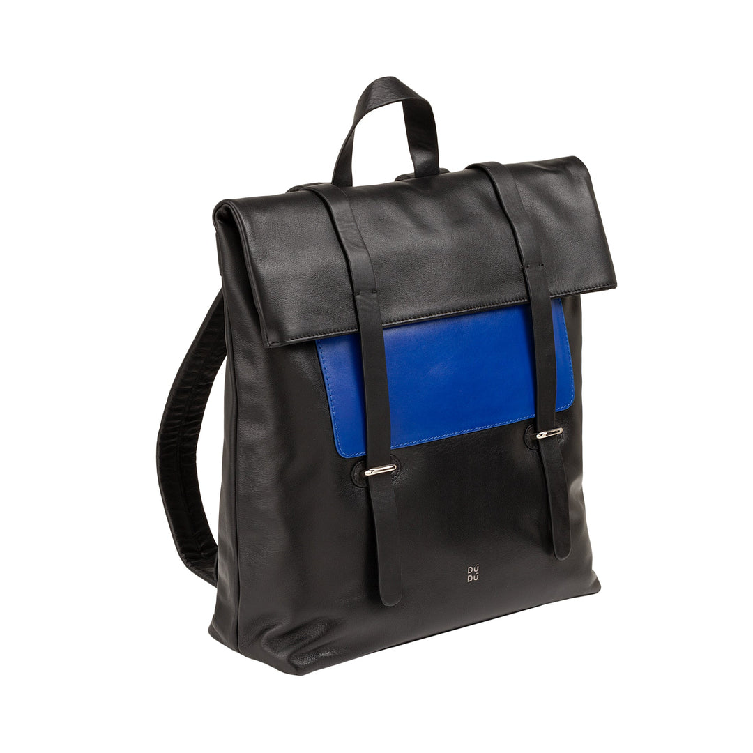 Black leather backpack with blue front pocket and buckle straps