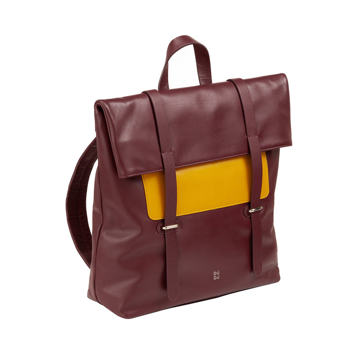 Modern burgundy leather backpack with yellow panel detail and buckle straps