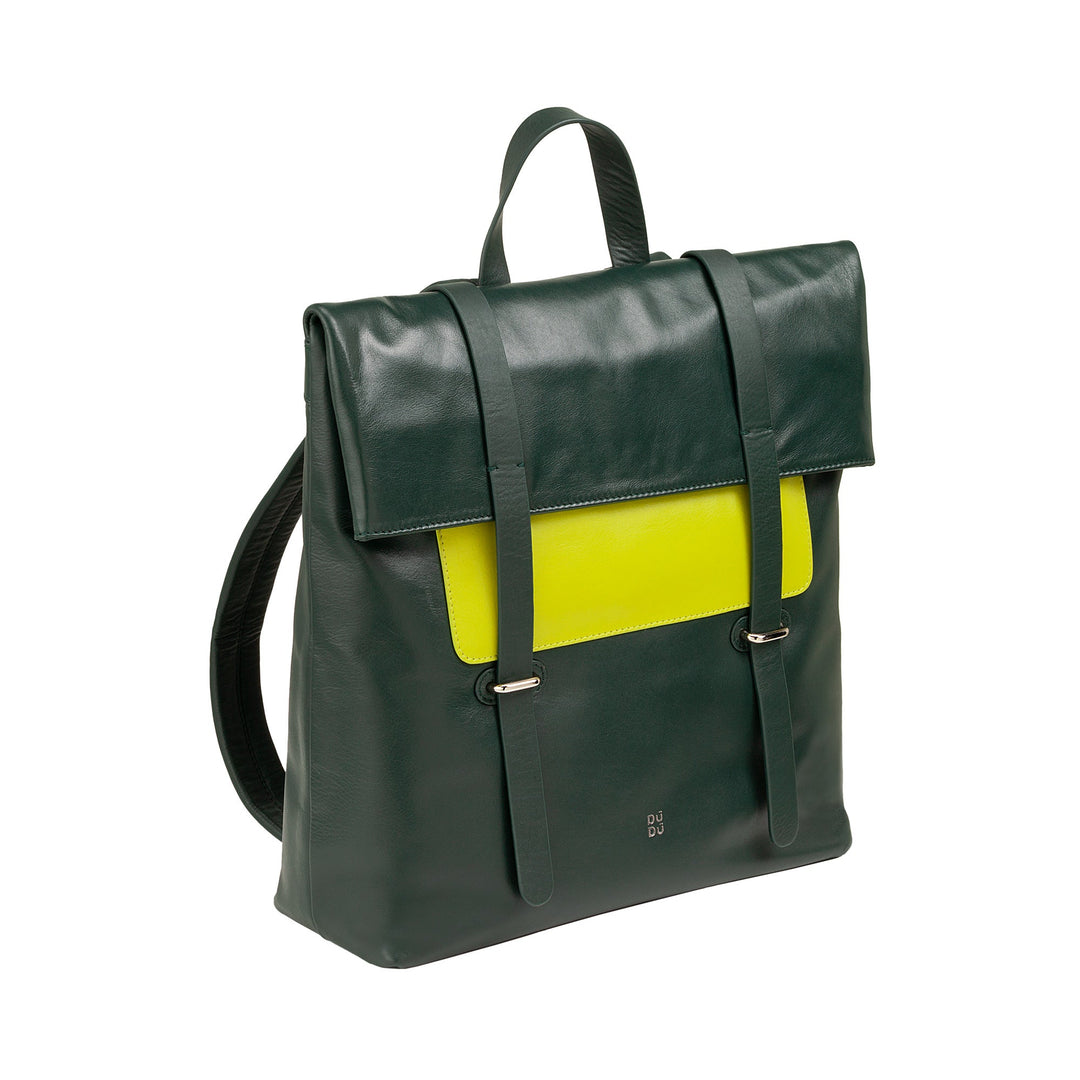 modern green leather backpack with yellow accent and adjustable straps