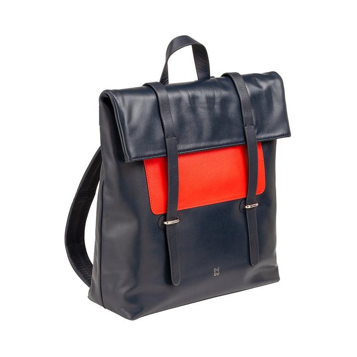 Stylish navy and red leather backpack with buckle straps and top handle