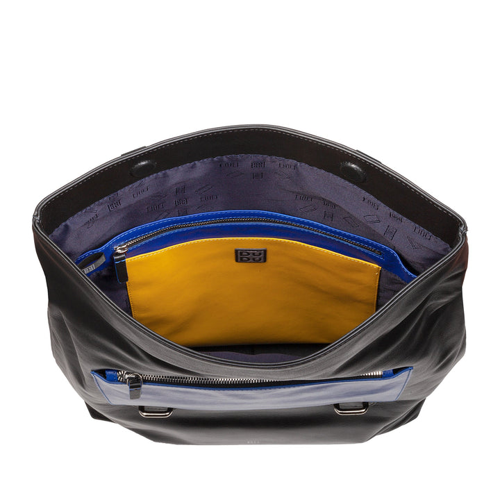 Black leather backpack with open top showing yellow and blue interior pockets