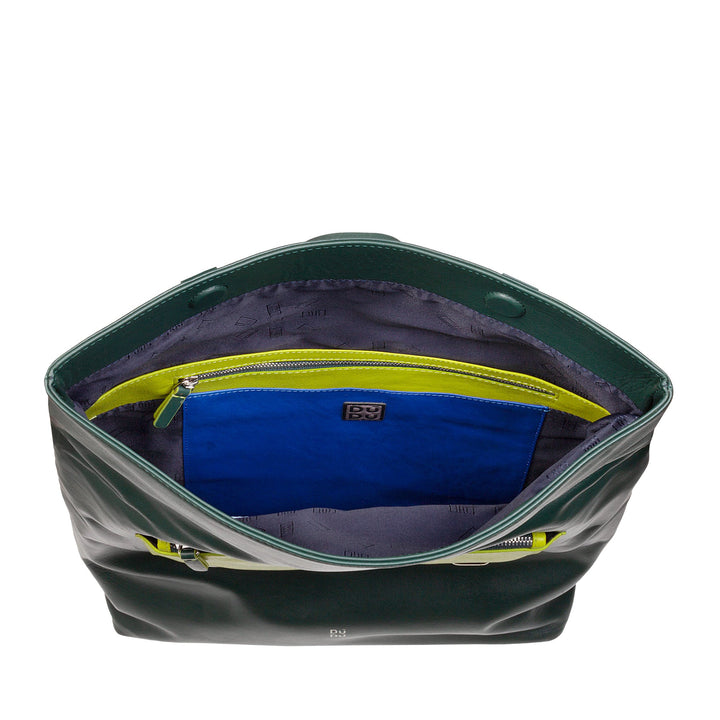 Green tote bag with open top view showing spacious interior and blue inner pocket