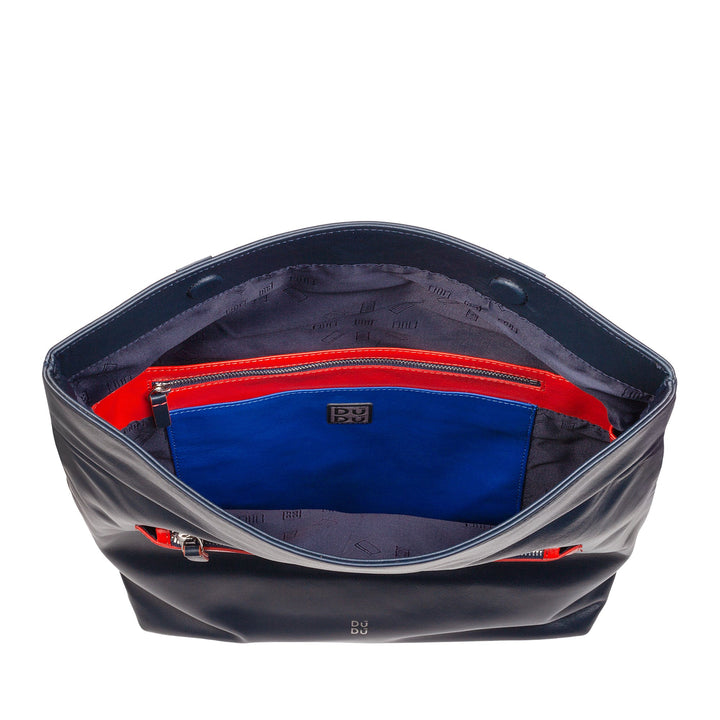 Open black leather shoulder bag with red and blue interior pockets