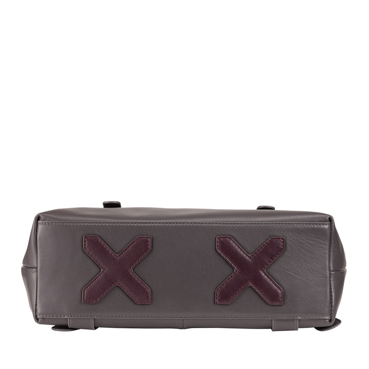 Gray leather handbag with two maroon 'X' patches on the bottom