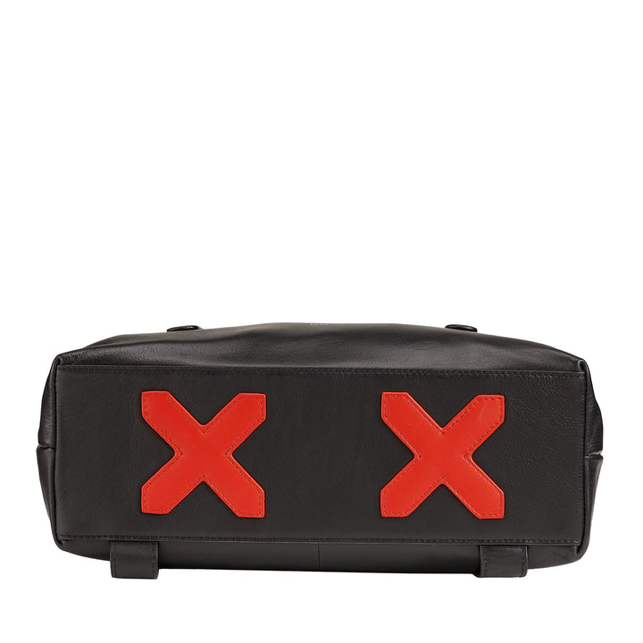 Black leather bag with two red 'X' patches on the bottom