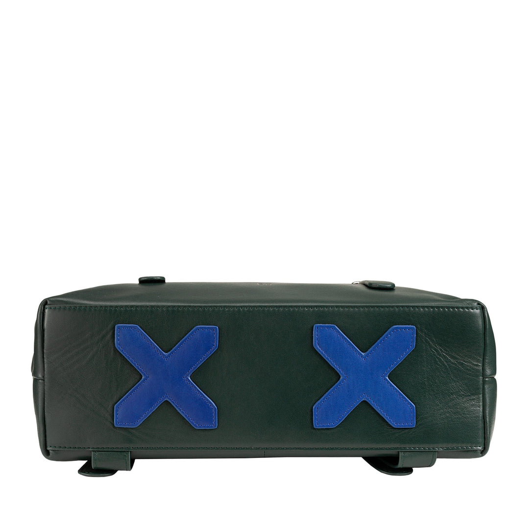 Green leather handbag with blue X-shaped appliquÃ©s on the bottom