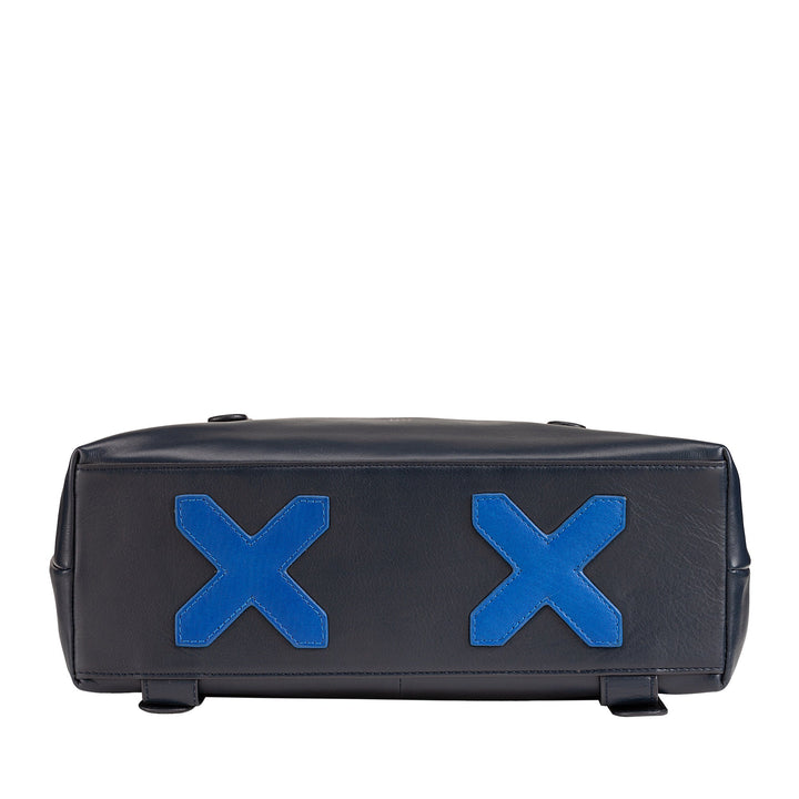 Black leather bag with blue 'X' design on bottom