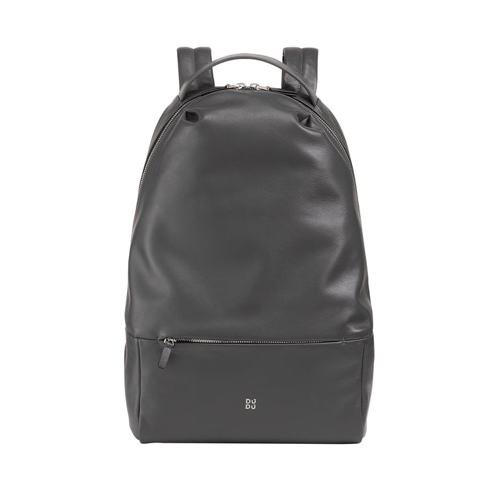 Sleek black leather backpack with front zipper pocket