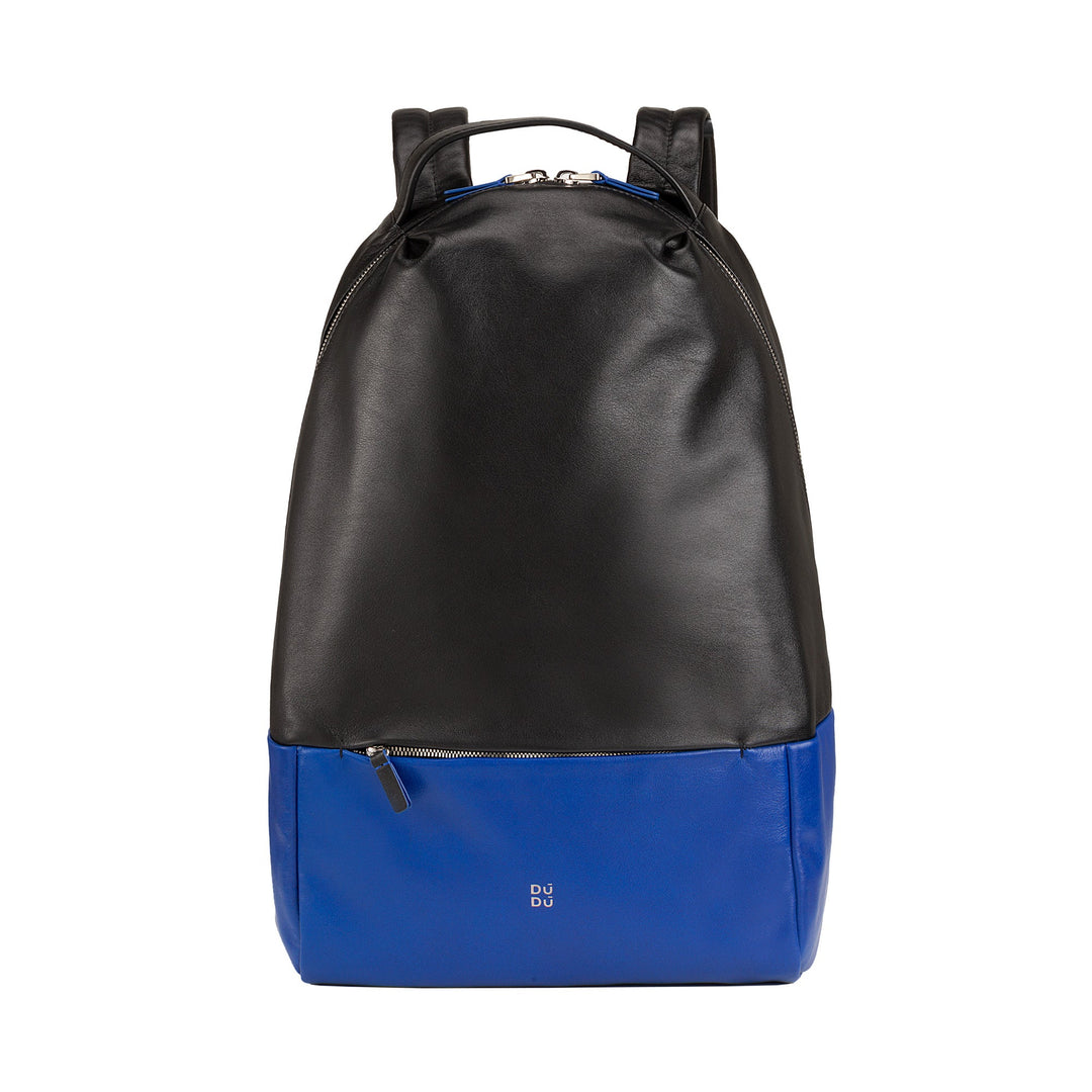 Black and blue leather backpack with top handle and front zipper pocket