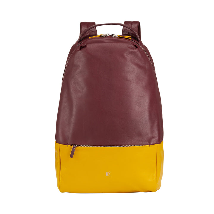 Two-tone leather backpack in maroon and yellow