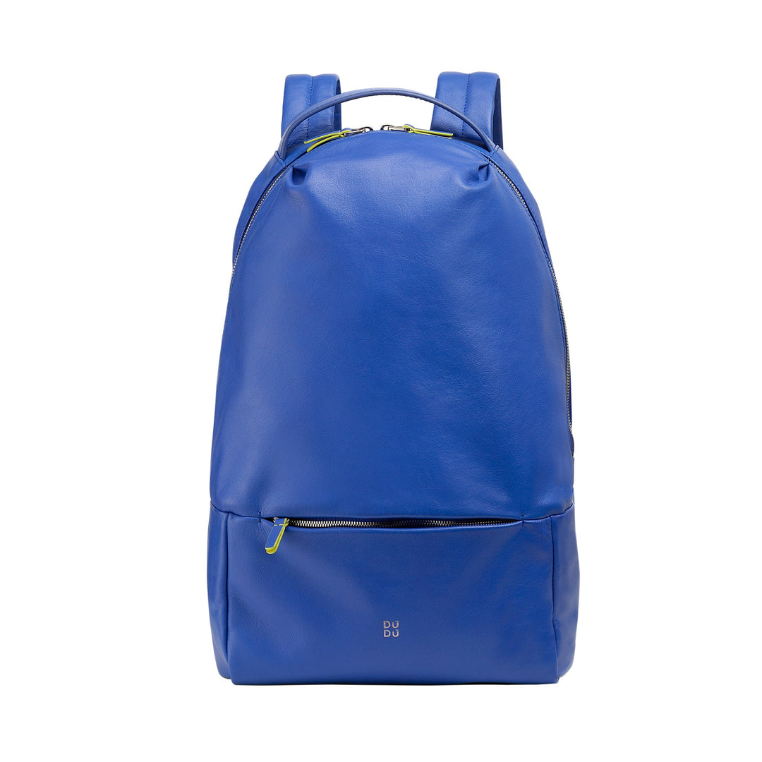 Blue leather backpack with zipper pocket and adjustable straps