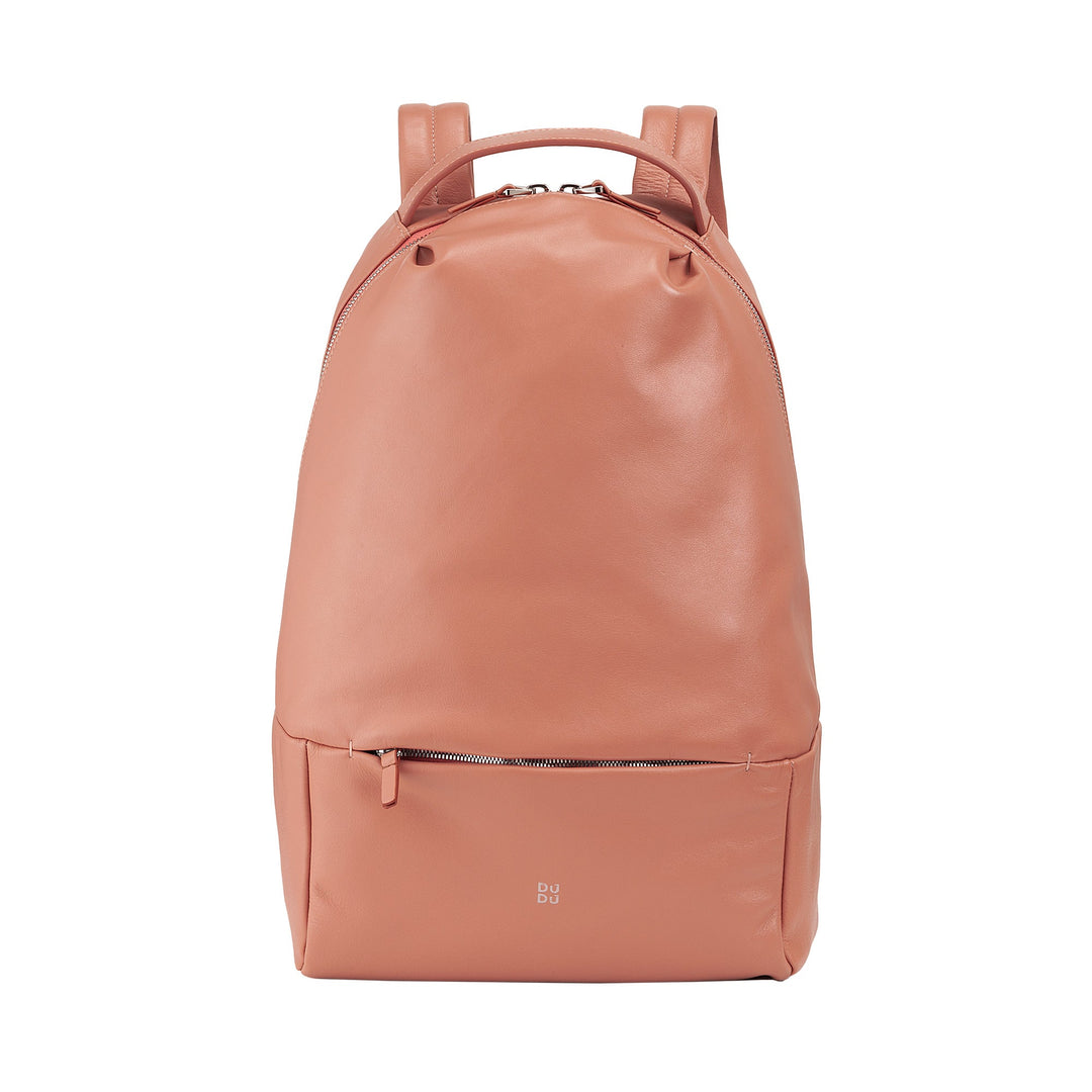 Blush pink leather backpack with front zipper pocket