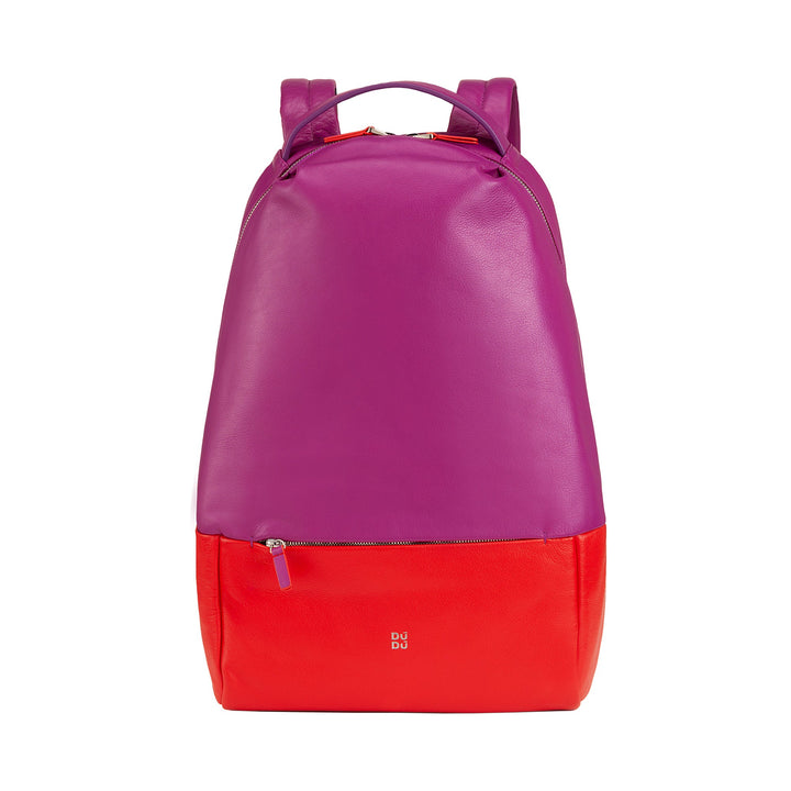 Stylish purple and red leather backpack with front zipper pocket
