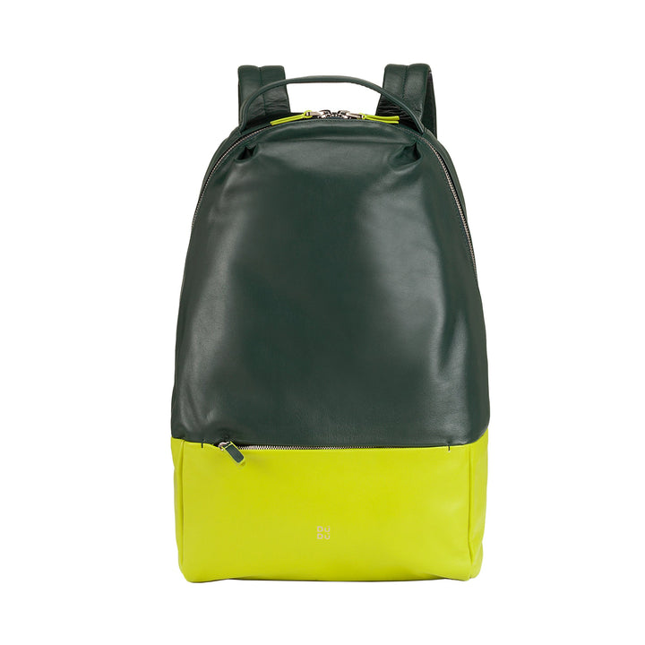 Green and yellow leather backpack with zipper pockets