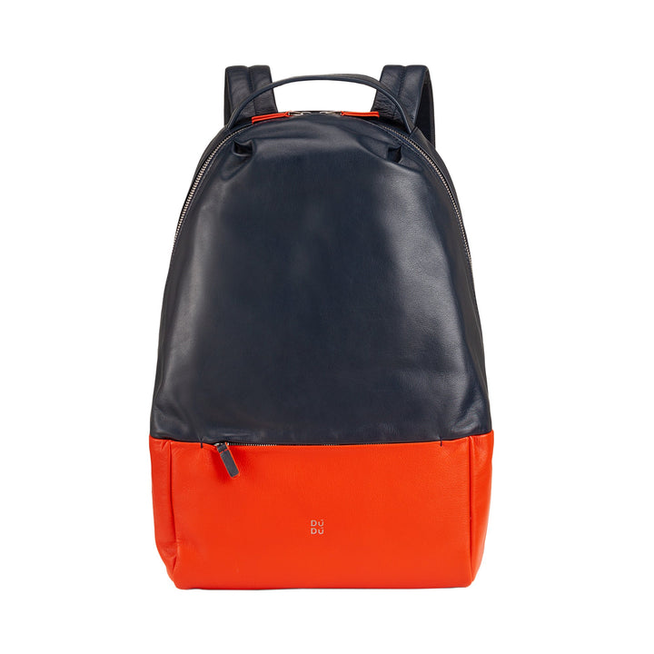 Two-tone black and red leather backpack with zippers