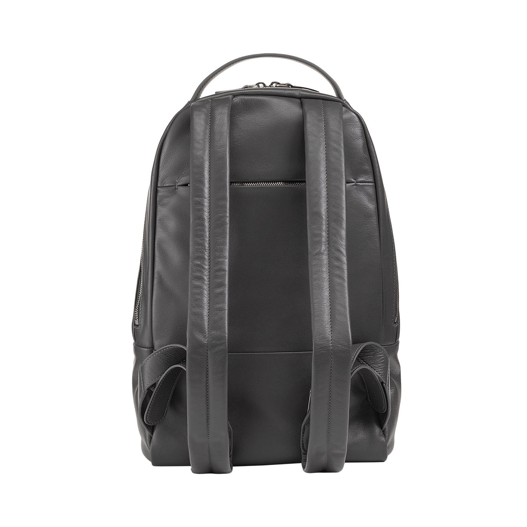 Black leather backpack with two shoulder straps and a top handle