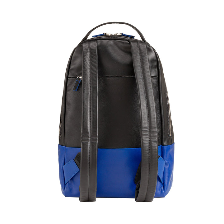 Stylish black and blue leather backpack with multiple compartments