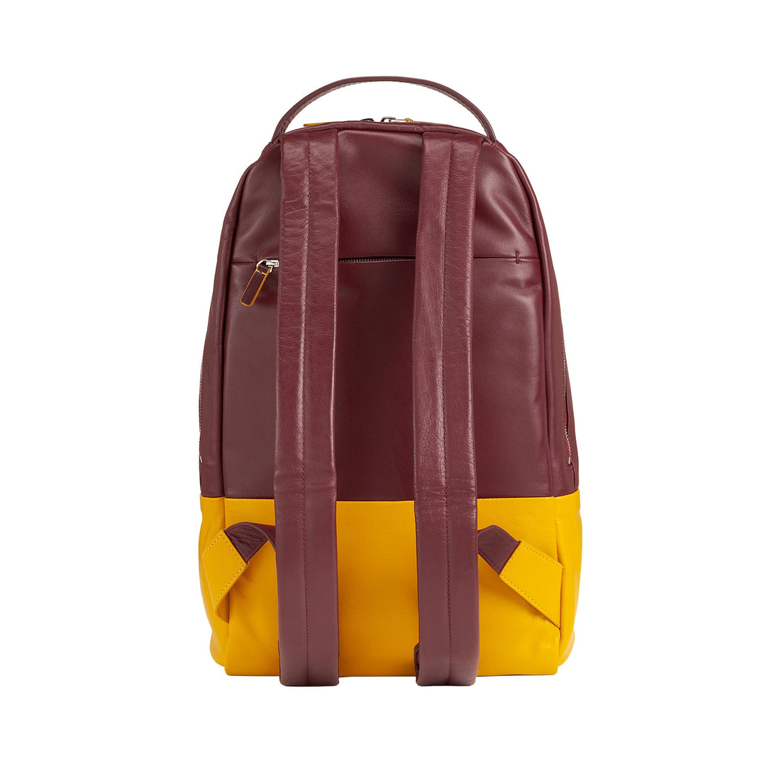 Stylish maroon and yellow leather backpack with spacious pockets and adjustable straps