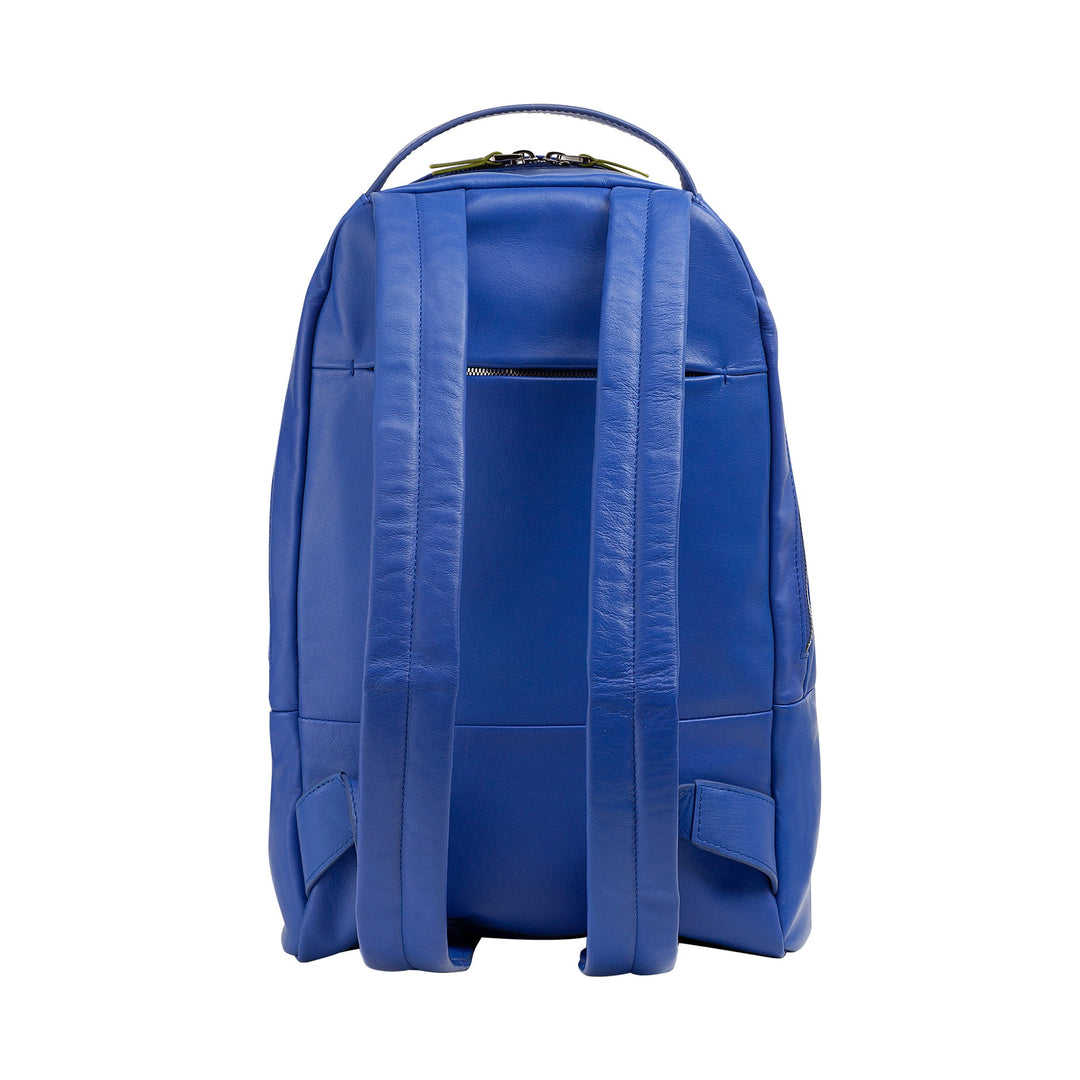 Blue leather backpack with double straps and a top handle