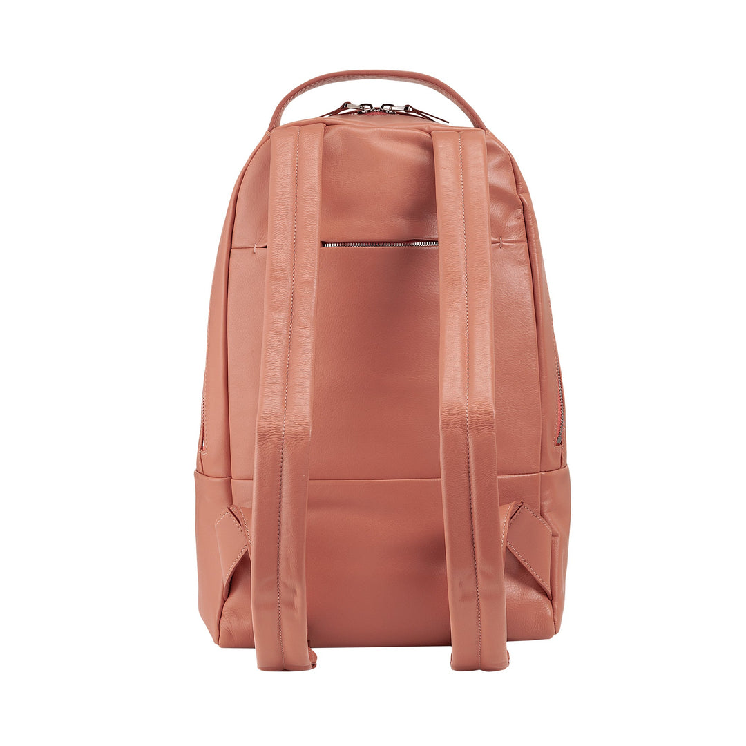 Pink leather backpack with multiple straps, stylish design, and zipper compartments