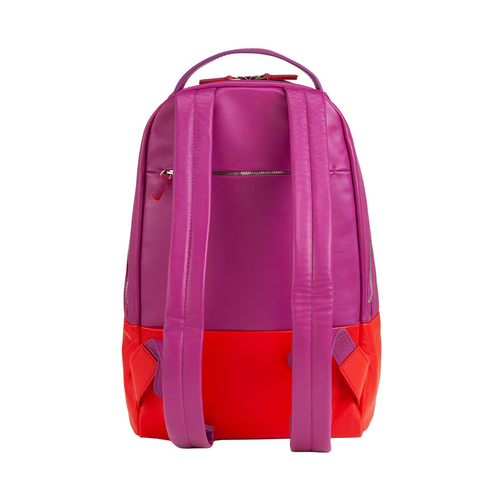 Purple and red leather backpack with multiple compartments and adjustable straps