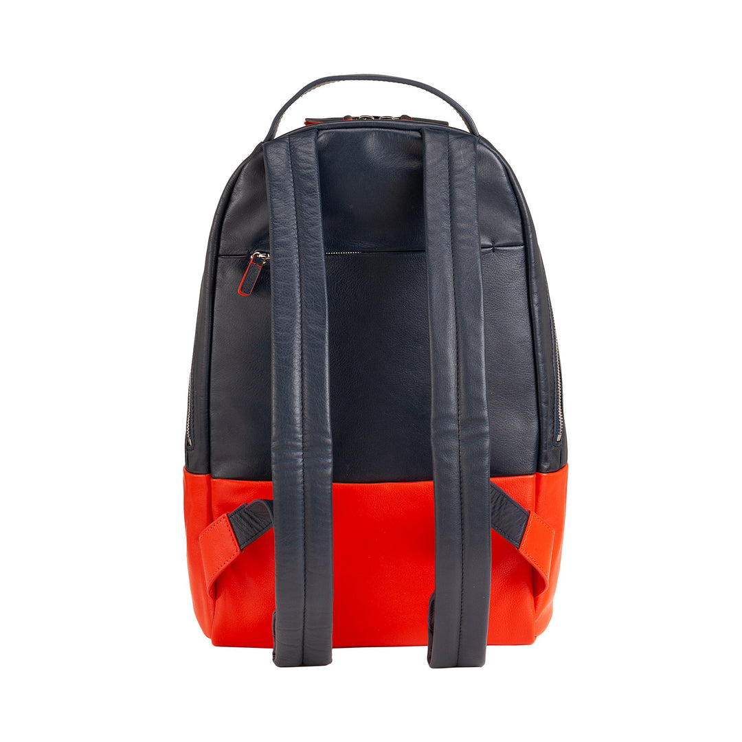 Back view of a stylish black and red leather backpack with adjustable straps