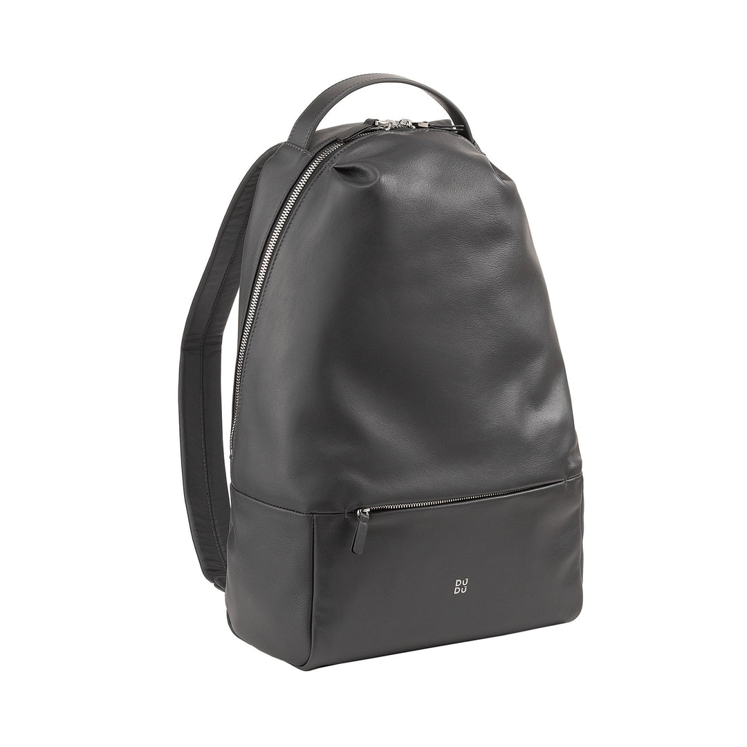 Sleek black leather backpack with front zipper pocket and shoulder straps