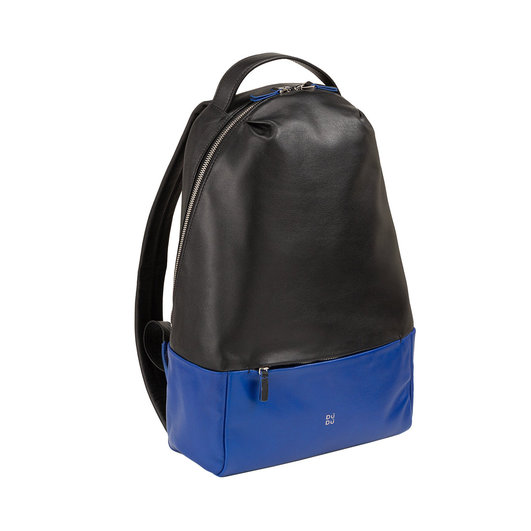 Sleek black and blue leather backpack with front zipper pocket