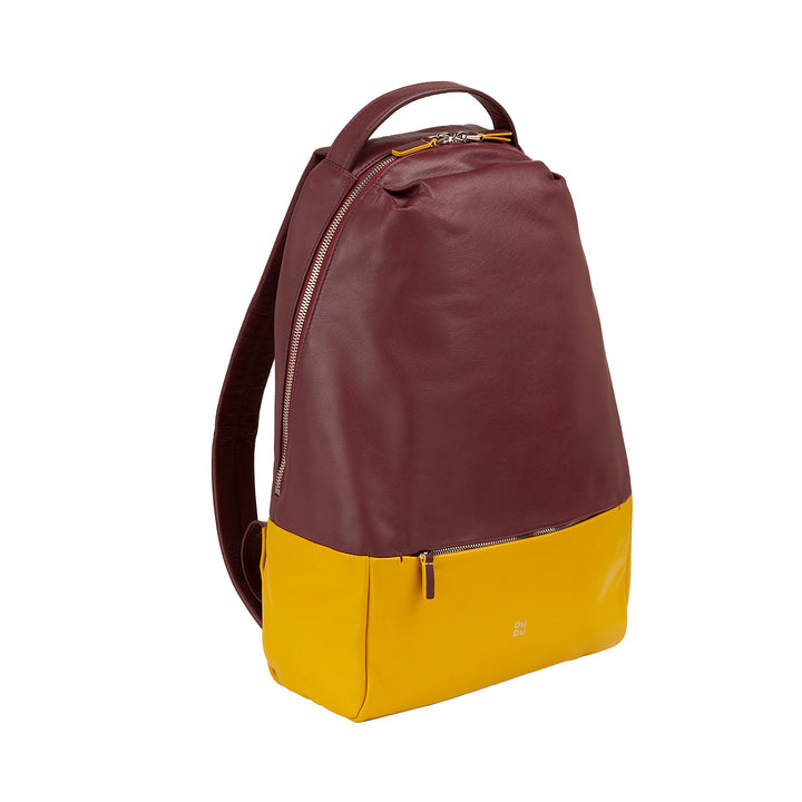 Maroon and yellow leather backpack with single strap and front zipper pocket
