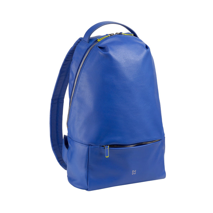 Blue leather backpack with front pocket and zipper closure